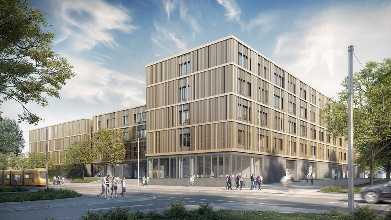 So soll der neue Schulkomplex an der Freiberger Straße aussehen. Doch anstatt einer neuen Oberschule soll dort im Sommer 2025 nun das Berufsschulzentrum für Wirtschaft einziehen.