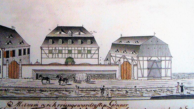 Carl Christian Eschke zeichnete eine kolorierte frühe Ansicht des Holzhofes von 1789 für den damaligen Besitzer Christian Friedrich Krodel, heute im Bestand der Städtischen Museen: links das Wohnhaus, in der Mitte ein prächtiges Fachwerkhaus mit hohem