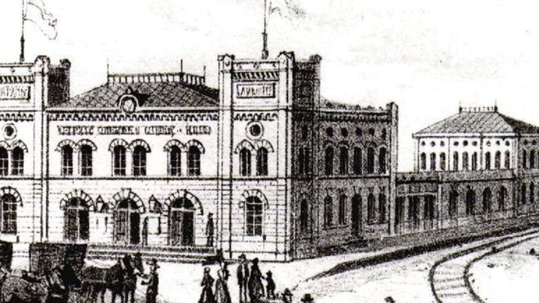 Eine zeitgenössische Darstellung des burgartigen Empfangsgebäudes des Hauptbahnhofs. Nur in den ersten Jahre war das Haus ausreichend.