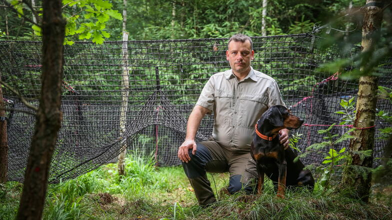 Revierförster Michael Blaß mit seinem Hund Aico vor einer Wildschweinfalle.