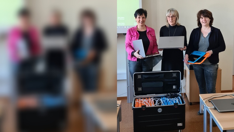 Hauptamtsleiterin Rica Wittig, Schulleiterin Gesine Lissner und IT-Leiterin Sybille Künzel mit den Tablets und Notebooks.
