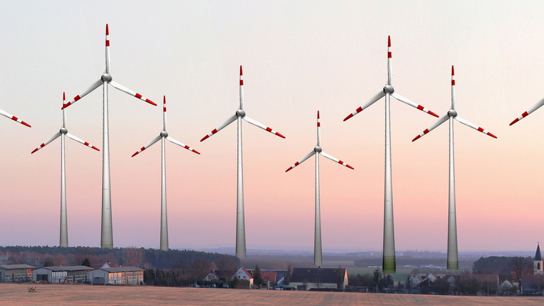 Rotorengewirr auf der Zugvogel-Schneise: Simulation eines Windparks zwischen den Großenhainer Ortsteilen Stroga und Strauch. Montage: BI