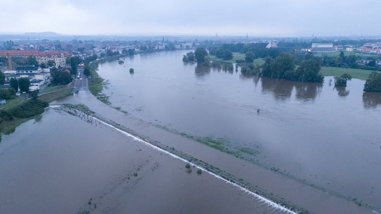 Das Hochwasser der Elbe tritt in der Flutrinne zwischen den Dresdner Stadtteilen Kaditz und Mickten über das Ufer.