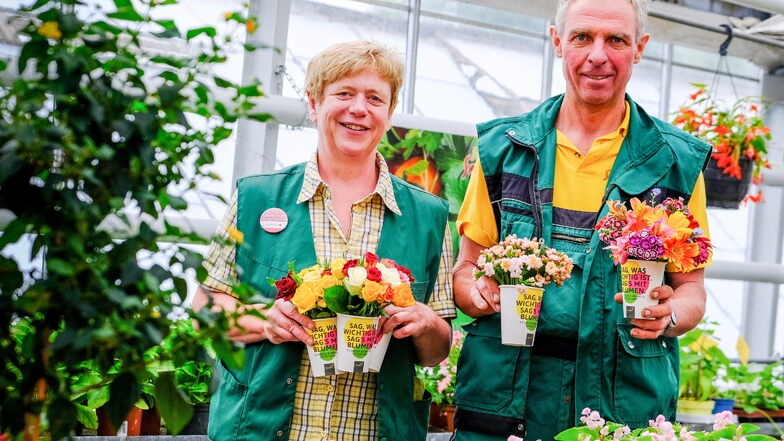 Haben bis zum Sonntag ordentlich zu tun mit kleinen Blumensträußen - Carola und Michael Habelt von der gleichnamigen Gärtnerei in Radeburg.