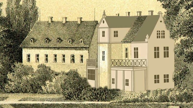 Eine Montage des Jahnishausener Heimatforschers Peter Griepentrog zeigt, wie das Schloss – wahrscheinlich – nach Umbauten durch König Johann um das Jahr 1860 von der Parkseite aus ausgesehen hat.