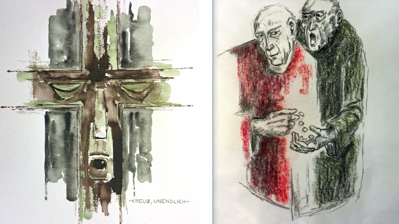Zwei der Bilder, die nun in der Künstlergilde angeboten werden: "Kreuz, unendlich" ist 2011 entstanden. Das Pastellgemälde "Der Verräter" (rechts) schuf Kreide 2010.