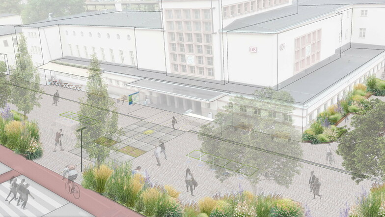 Diese Visualisierung zeigt die Alternativ-Variante des Siegerentwurfs zur Neugestaltung des Bahnhofsvorplatzes.