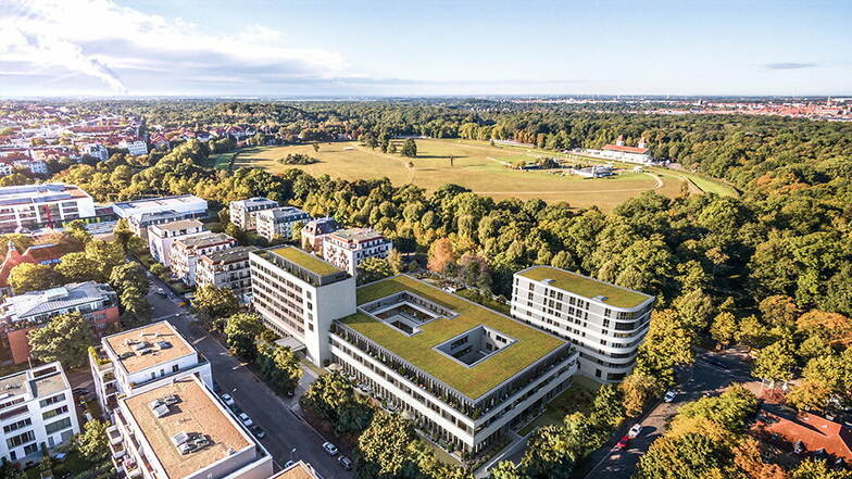So soll das ehemalige „Gästehaus am Park“ des DDR-Ministerrates nach der Sanierung aussehen. Zusammen mit einem Anbau (vorn rechts) entstehen in dem Gebäudekomplex 121 Wohnungen und kleine Appartements.