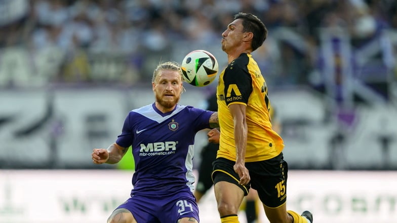 Marvin Stefaniak (l.) war der auffälligste Spieler auf dem Platz und entwischte manchmal auch Dresdens Claudio Kammerknecht.