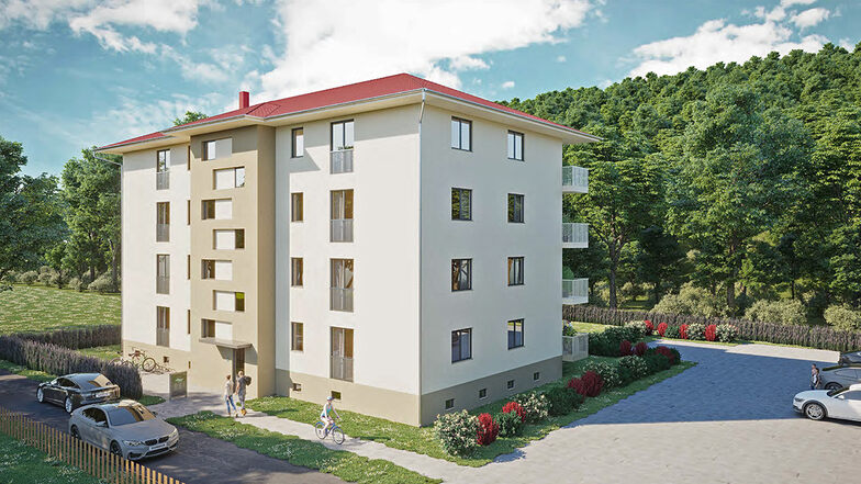 So soll das Wohnhaus einmal aussehen, das der Dresdner Immobilienunternehmer Bertram Mayer an der Weißeritztalbahn in der Talsperrenstraße in Dipps 2022 bauen will. Früher stand hier ein Behälterbau.