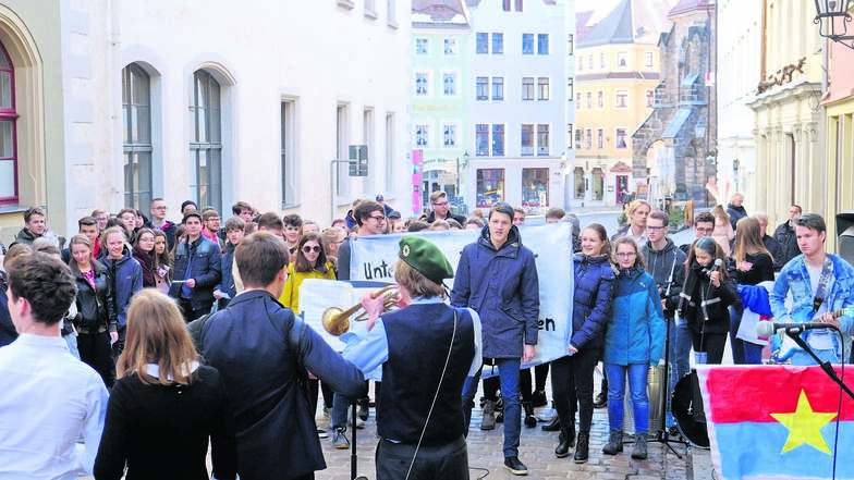 Wie, schon wieder eine Demo? Nein, das ist Kunst. Elftklässler eröffneten ihre Ausstellung „Die Muse revoltiert“ im Kunstverein Meißen.
