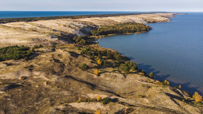 Links die Ostsee, rechts das Haff, dazwischen Sand. Von oben sieht man, dass die Kurische Nehrung nichts anderes als eine schmale Wanderdüne ist.