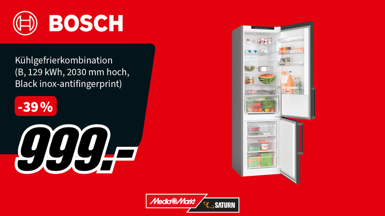 Der BOSCH KGN39VXBT Serie 4 Kühlschrank vereint Stil und Funktion. VitaFresh hält Lebensmittel länger frisch, NoFrost verhindert Eisbildung & die Metallic-Rückwand mit MultiAirflow sorgt für gleichmäßige Kühlung. Perfekte Anpassung dank PerfectFit.