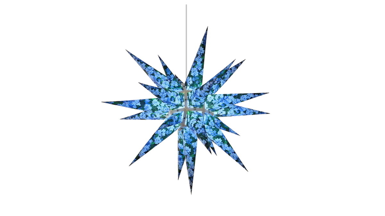 Die "Edition Natur" - eine Sonderausgabe der Herrnhuter Sterne trägt in diesem Jahr Vergissmeinnicht-Blau. Hier beleuchtet zu sehen.