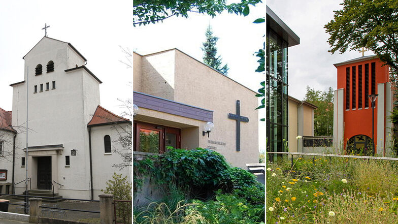 Drei Kirchen, eine Nacht: Die katholische Kirche, die Baptistengemeinde und die Christuskirche in Heidenau.