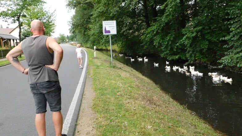 Enten und Gänse auf dem Dorfgraben sind die heimlichen Stars im Dorf, blockieren aber gerne mal den örtlichen Verkehr.