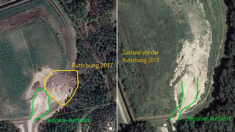 An der Auffahrt zur Deponie wurde bereits vor der ersten Rutschung im Oktober 2017 gebaut. Das zeigen die beiden Satellitenfotos von der Deponie bei Biehain.