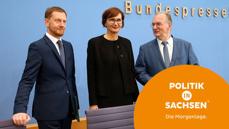 Sachsens Ministerpräsident Michael Kretschmer, Bundesforschungsministerin Bettina Stark-Watzinger und Sachsen-Anhalts Regierungschef Reiner Haseloff haben am Donnerstag verkündet, welche zwei Großforschungszentren nach Sachsen kommen.