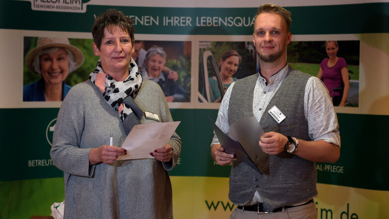Carola Huth und Nico Schönfelder, Chefs der beiden Waldheimer Allo-Pflegeheime, warben erstmals bei einem Bewerbertag um neue Mitarbeiter.