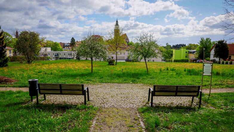 Blick vom Bönisch-Mausoleum auf das Barmherzigkeitsstift. Auf der denkmalsgeschützten  Wiese entsteht jetzt eine kleine parkähnliche Anlage. Früher befanden sich hier die Stiftsgärten.