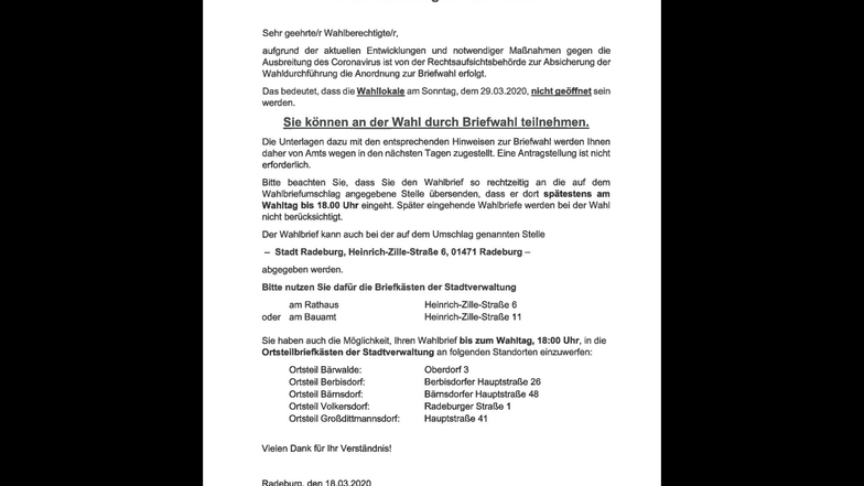 Amtliche Bekanntmachung der Veränderungen zur Bürgermeisterwahl in Radeburg.