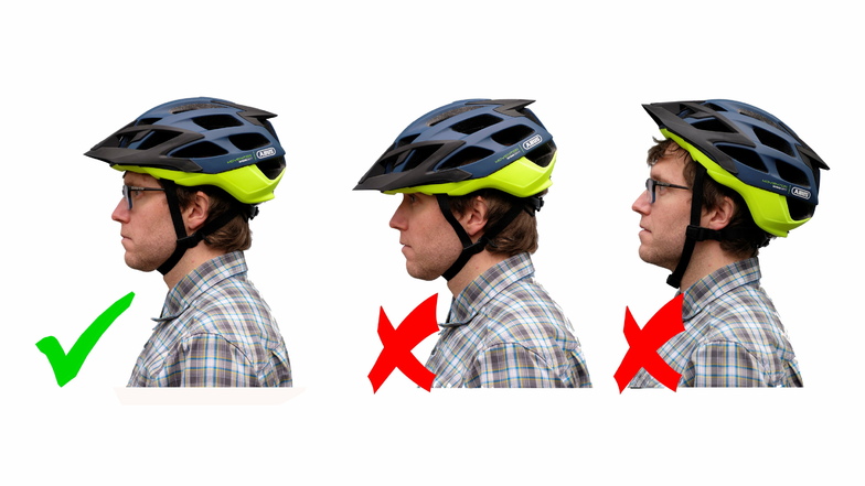 Der Fahrradhelm muss waagerecht auf dem Kopf sitzen (l.). Rutscht er zu weit über die Stirn (M.) oder in den Nacken (r.), bietet er nicht den bestmöglichen Schutz.