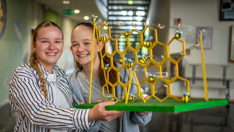 Noemi Marie Saga (links) und Luzie Dalchow vom Luther-Gymnasium Hartha präsentieren ihr Modell „Chaos im Bienenstock“.