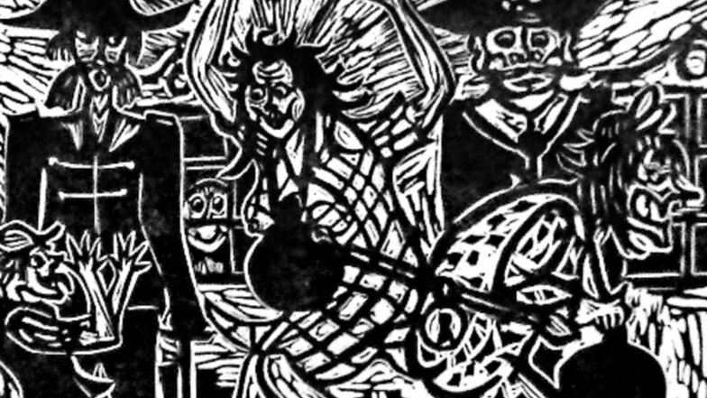 Mittelalterliche Gerichtsbarkeit, dargestellt in einem Linolschnitt von Matthias Trauzettel. Dieses Bild – hier ein Ausschnitt – illustriert die „Streiflichter aus der Heimatgeschichte“ im aktuellen Heft „Schiebocker Landstreicher“.