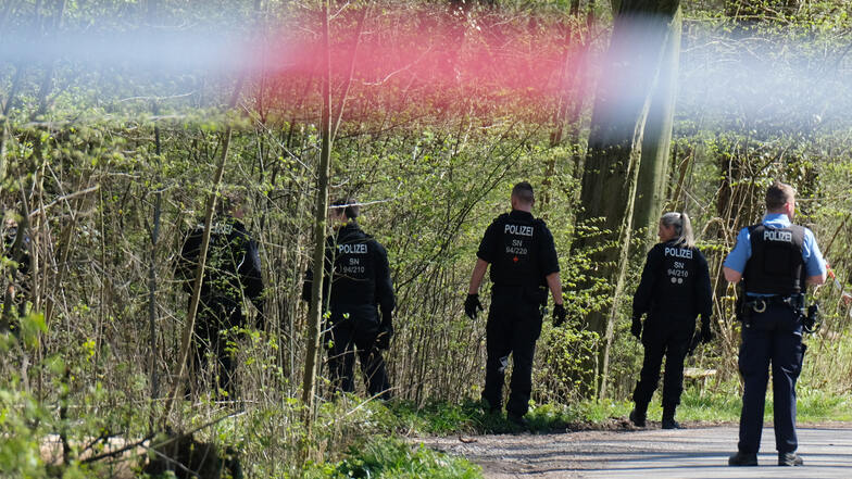 Polizisten suchen im Leipziger Auwald in der Nähe des Tatorts nach Spuren.