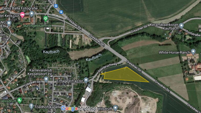 Der stillgelegte Steinbruch befindet sich südlich der Stadt Wilsdruff. Der Inhaber plant jetzt, eine Aufbereitungsanlage zu errichteten. Das soll auf der gelb markierten Fläche geschehen.