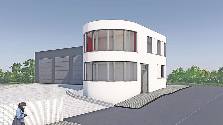 So könnte das neue Rabenauer Feuerwehrhaus aussehen: Das abgerundete Haus passt sich so ideal dem Schnitt des Grundstücks an. Gebaut wird auf dem derzeitigen Bauhofgelände. 