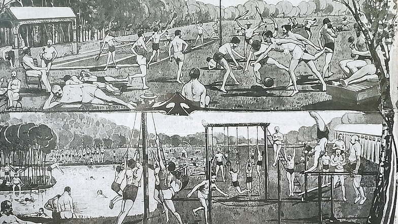 Die Lithografie vom Bilzbad stammt aus der Zeit um 1910. Auf ihr sind viele sportliche Geräte zu sehen, an denen sich Menschen betätigen.