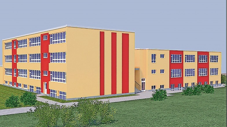 So könnte die Schönfelder Oberschule im Jahr 2022 aussehen: Rechts im Bildentwurf der geplante Anbau, wobei der Zugang allerdings vom Schulhof aus erfolgen soll.