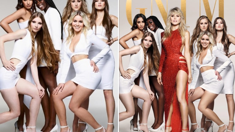 Zuerst posierten Romy (links vorn) und die anderen Topmodel-Anwärterinnen noch ohne Heidi Klum. Später hatte sich die Modelmama in das Foto montieren lassen, mit dem für die Pro7-Modelshow geworben wird (rechts).