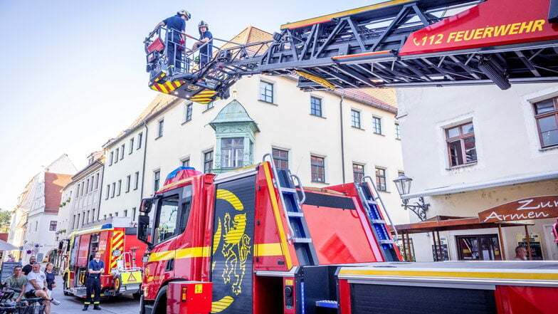 Mithilfe der Drehleiter konnten die losen Teile der Fassade beseitigt werden.