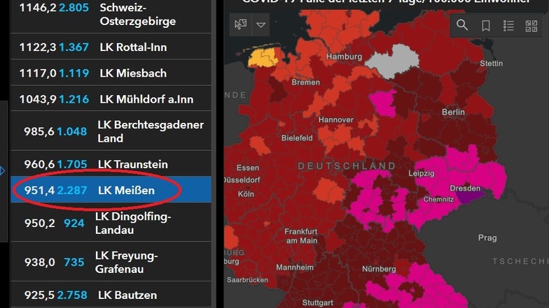 Das Dashboard des Robert-Koch-Institutes zeigt die Deutschlandkarte und die Liste der Landkreise mit den höchsten Inzidenzwerten.