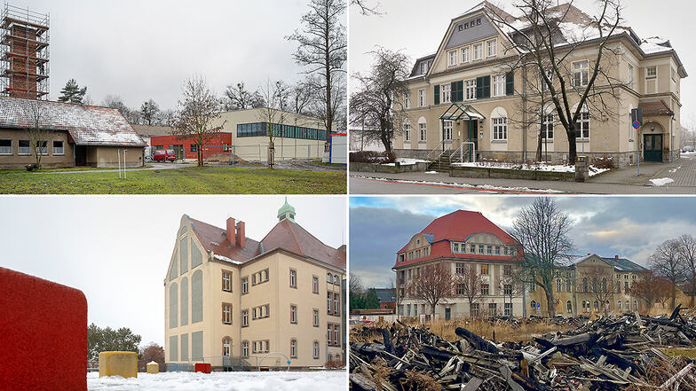 Hier baut der Landkreis Bautzen: In Baruth (oben links) entsteht eine Oberschule, in Bautzen (oben rechts) ein neues Domizil für die Kreismusikschule. Die Gymnasien in Großröhrsdorf (unten l.) und Radeberg werden erweitert.
