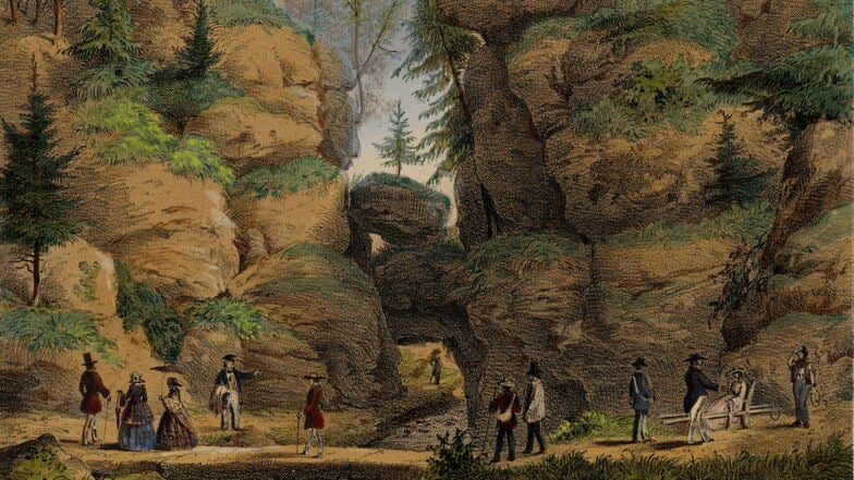 Der Uttewalder Grund wurde schon früh von Touristen entdeckt. Diese Lithografie eines unbekannten Künstlers zeigt reges Treiben am Felsentor um 1850.