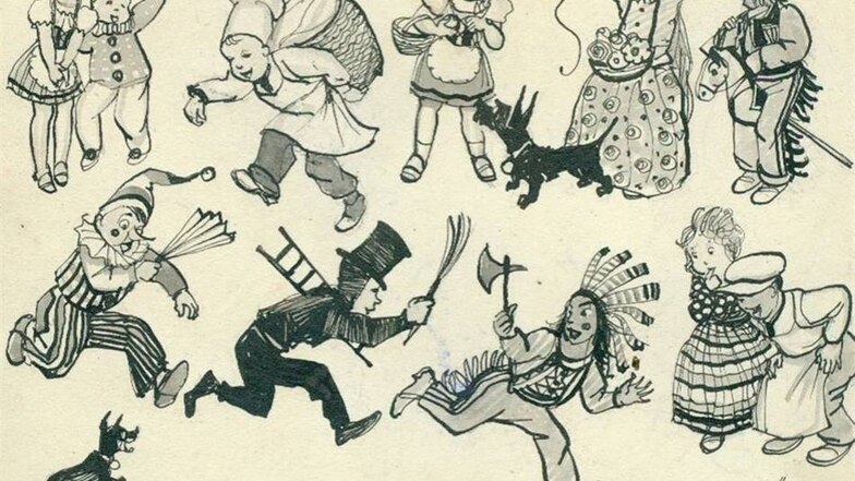 Postkartengröße hat dieses Bild im Original (11,6 mal 15,2 Zentimeter). Kurt Rübner hat es „Fasching“ genannt. Er beschreibt dabei das lustige Treiben, welches Kinder bei ihrem Kostümfest veranstalten.