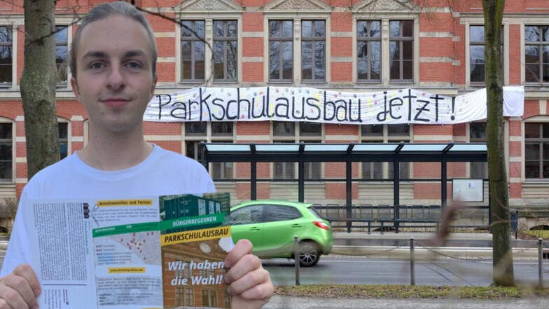 Alexander Hilse zeigt einen Flyer, den Haushalte in Zittau und einigen Ortsteilen erhalten haben. Darin konnte für das Bürgerbegehren zum Ausbau der Parkschule unterschrieben werden.