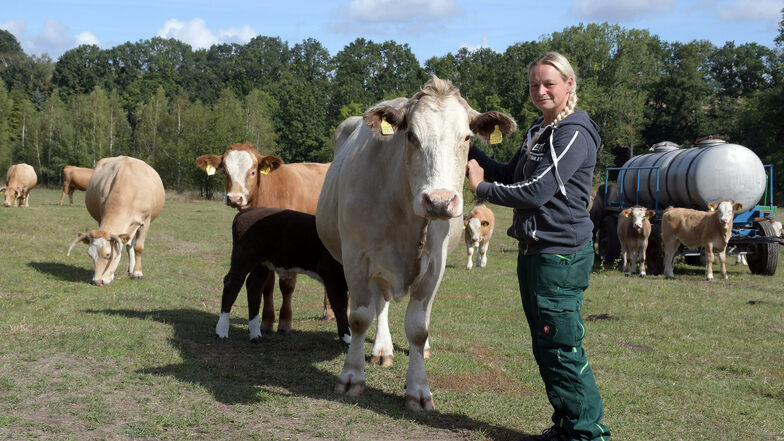 Nicole Reichelt hat 2003 im Landwirtschaftsbetrieb Kutscher und Partner ihre Ausbildung begonnen und ist dem Betrieb seitdem treu geblieben. Die Kühe haben auf den Wiesen genügend Auslauf.