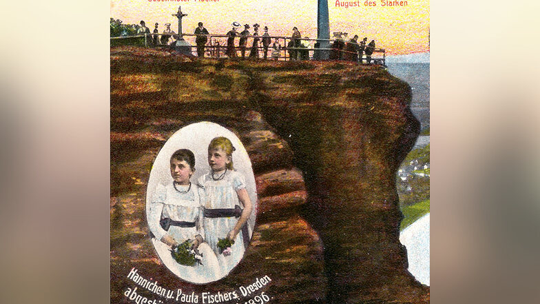 Ausschnitt der farbigen Postkarte mit dem Porträt der beiden Fischer-Mädchen, die der Liliensteinwirt Bergmann in Auftrag gegeben hatte, um an das Unglück von 1896 zu erinnern.
