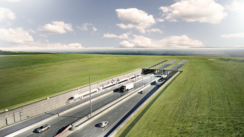Eine Visualisierung des geplanten Fehmarnbelt-Tunnels zwischen Deutschland und Dänemark mit dem Tunneleingang auf dänischer Seite bei Rodbyhavn. Der 18 Kilometer lange Tunnel unter der Ostsee soll Fehmarn und Lolland miteinander verbinden.