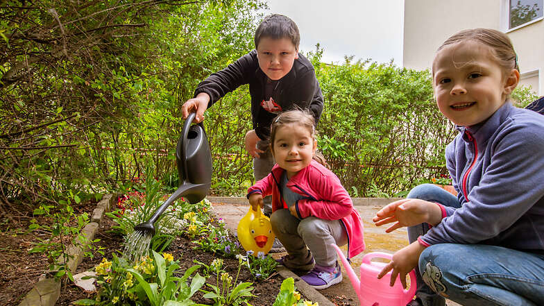 Der zehnjährige Nico Schmaler sowie seine Schwestern Lilly (2) und Laura (5) kümmern sich um die neue Blumen-Rabatte direkt vor dem Hauseingang. Das älteste der drei Kinder hat sie mehr oder weniger in Eigenregie angelegt.