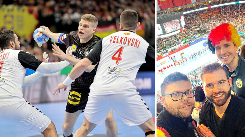 Handballfans aus Cunewalde haben bei der EM in Deutschland etwa das Spiel der Deutschen gegen Nordmazedonien gesehen. Mit dabei ist unter anderen Florian Sieber (auf dem rechten Bild links), selbst Trainer der ersten Männermannschaft des HVO Cunewalde.