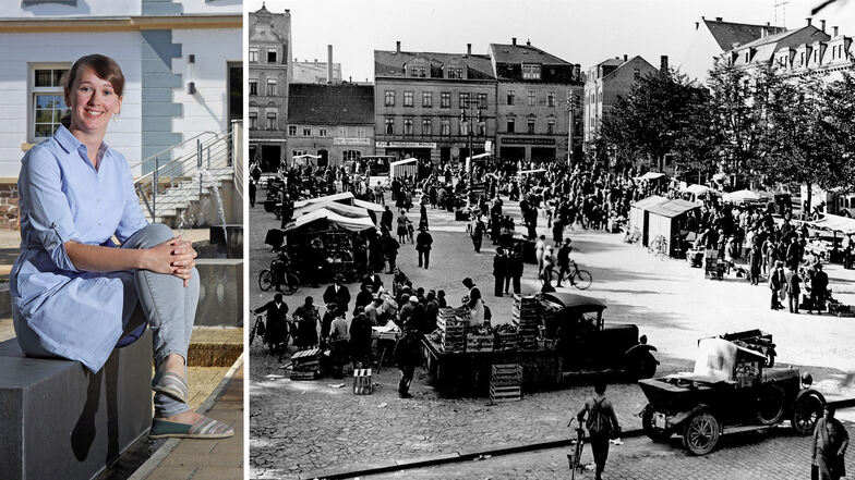 Museumsleiterin Anja Hirschberg blickt 100 Jahre zurück und sagt: Das Leben in Riesa glich bei vielen Unterschieden in manchem durchaus der heutigen Zeit. Markttreiben auf dem Rathausplatz gab es schon damals, zeigt die Aufnahme von 1925.