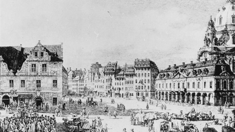 Auf dem Neumarkt stand im Jahre 1750 an gleicher Stelle das alte Gewandhaus (links im Bild).