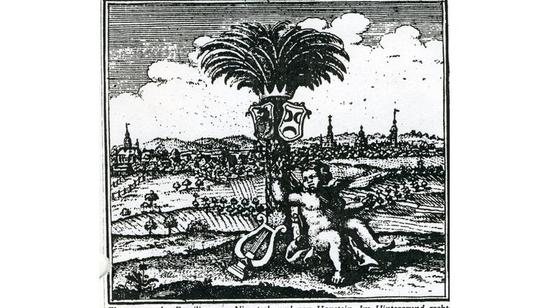 Ehewappen der Familien von Nimptsch und von Hanstein. Im Hintergrund rechts Dresdner Motiv, links eine Ansicht von Pesterwitz, nach einer Druckgrafik.