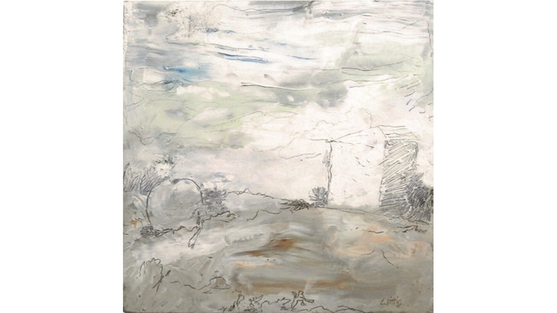 Das Ölgemälde „Landschaft mit Apfel und Haus" von Werner Wittig entstand zwischen 2003 und 2004.