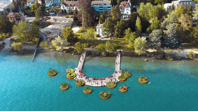 Visualisierung der schwimmende Gärten auf dem Bodensee. Einen davon gestaltet Bad Schandau.